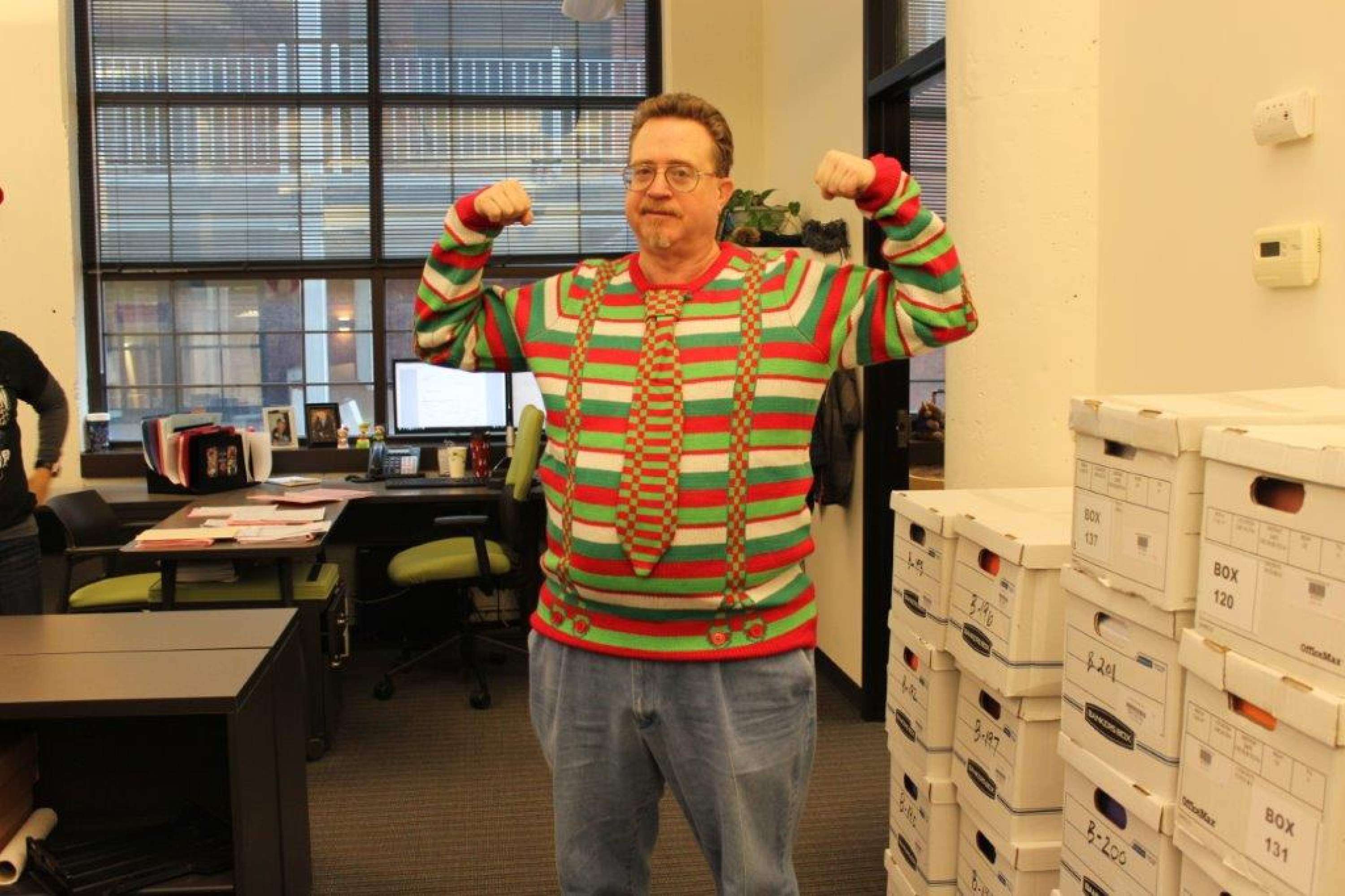 Jim rocking one of his ugly sweaters